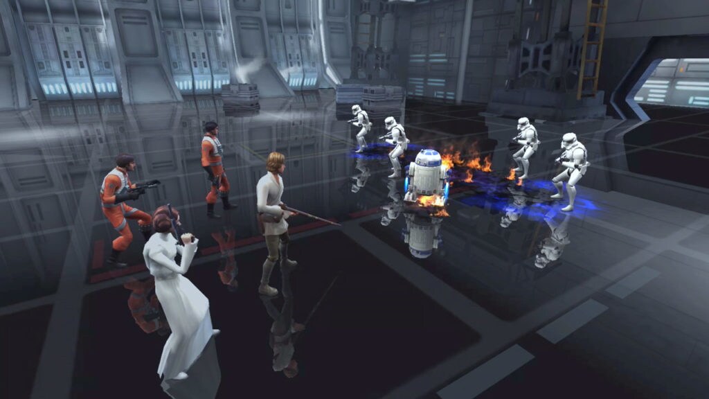 RD-D2 squares off against stormtroopers along with other Star Wars heroes in the game Galaxy of Heroes.