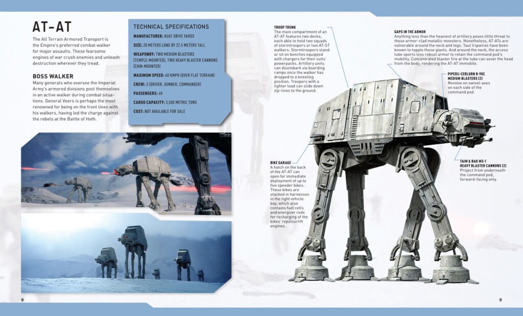 Pages from IncrediBuilds: Star Wars: Rogue One: AT-ACT Deluxe Book show still frames of AT-ATs in scenes on the planet Hoth along with a drawing of an AT-AT and its technical specifications.