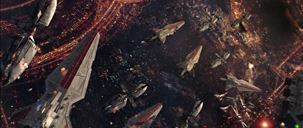 An epic space battle above Coruscant, in Revenge of the Sith.