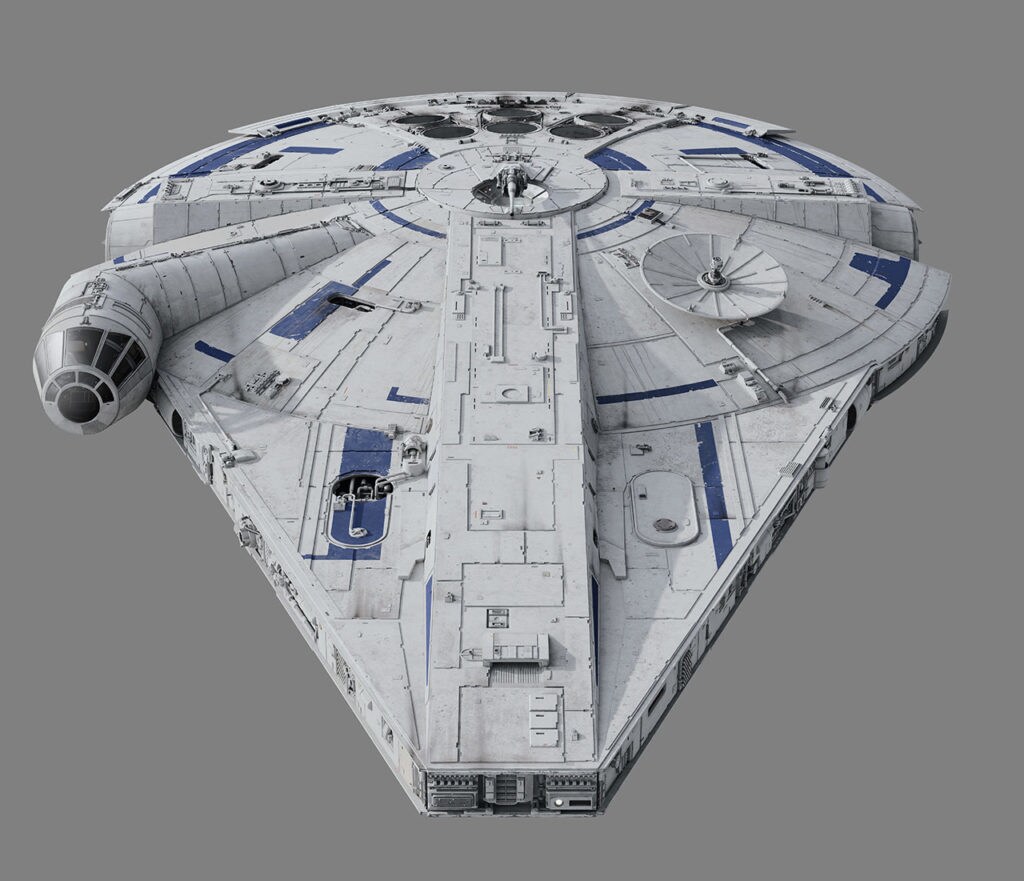 A computer-generated image of the Millennium Falcon created for Solo: A Star Wars Story.