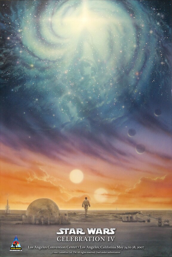 A poster for Star Wars Celebration IV depicts Luke Skywalker looking up at the galaxy from Tatooine.