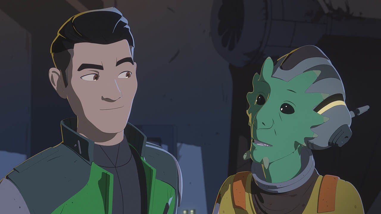 Neeku and Kaz Xiono are shown in a scene from Star Wars Resistance.