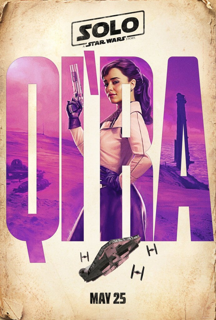 A teaser poster for Solo: A Star Wars Story shows Qi'ra wielding a blaster pistol through giant block letters of her name that reveal a landscape behind her in purple hues, while the Millennium Falcon is chased by TIE fighters below her name.