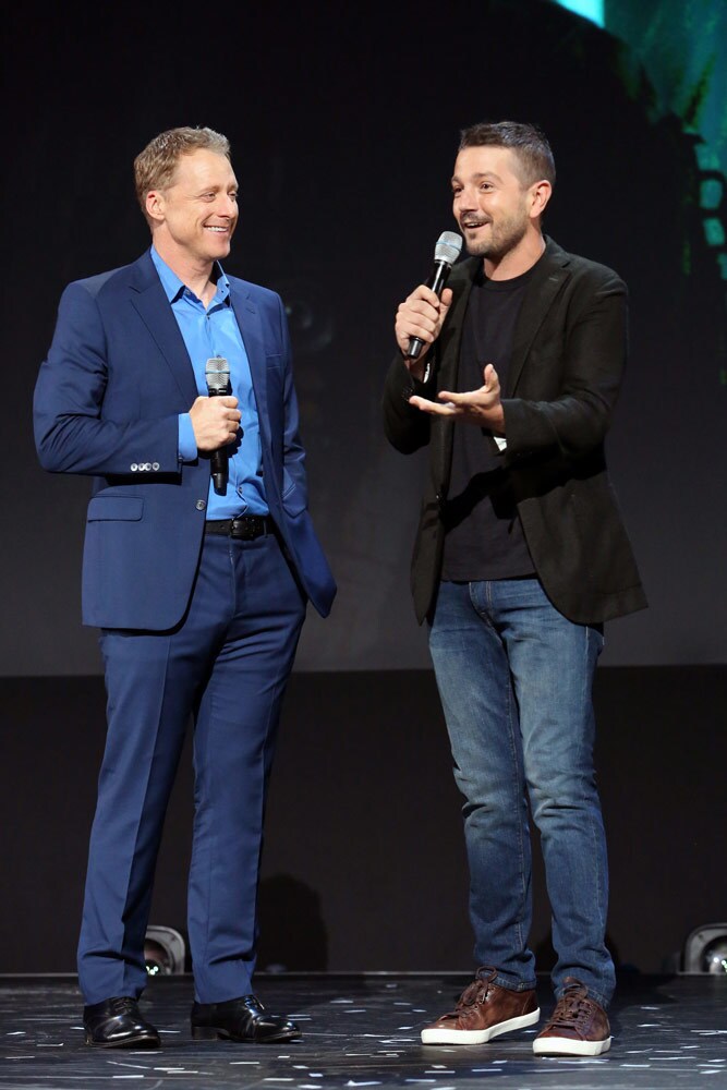 ANAHEIM, CALIFORNIA - AUGUST 23: (L-R) Alan Tudyk and Diego Luna of 'Untitled Cassian Andor Series' took part today in the Disney+ Showcase at Disney’s D23 EXPO 2019 in Anaheim, Calif. 'Untitled Cassian Andor Series' will stream exclusively on Disney+, which launches November 12. (Photo by Jesse Grant/Getty Images for Disney)