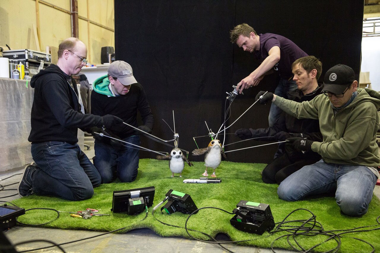 Brian Herring and a team of puppeteers work with a pair of porgs during production of The Last Jedi.
