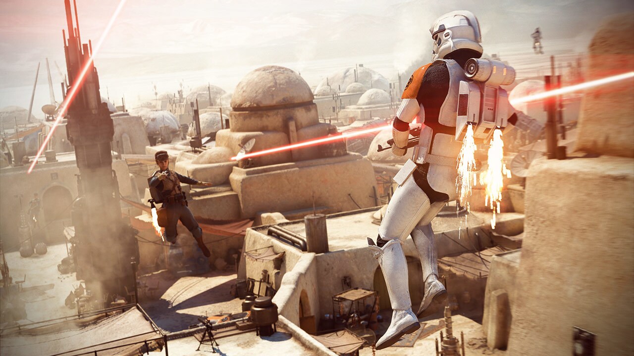 A Stormtrooper and a rebel fighter face off with jetpacks in the video game Star Wars Battlefront Two.