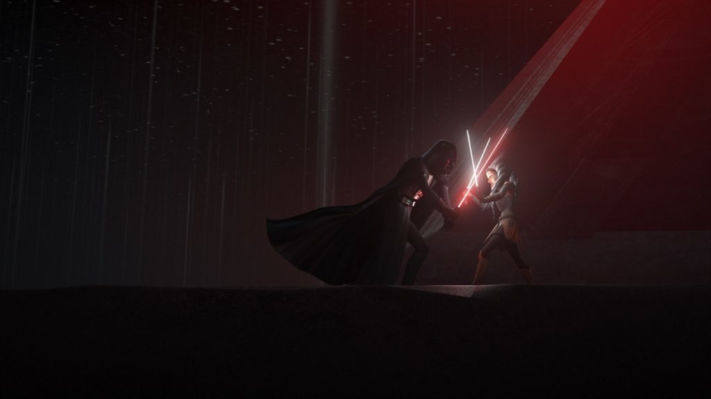 Ahsoka Tano and Darth Vader battle with lightsabers, in an episode of Rebels.