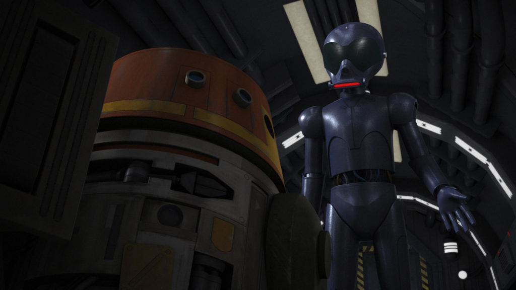 AP-5 looks down at Chopper in an episode of Rebels.