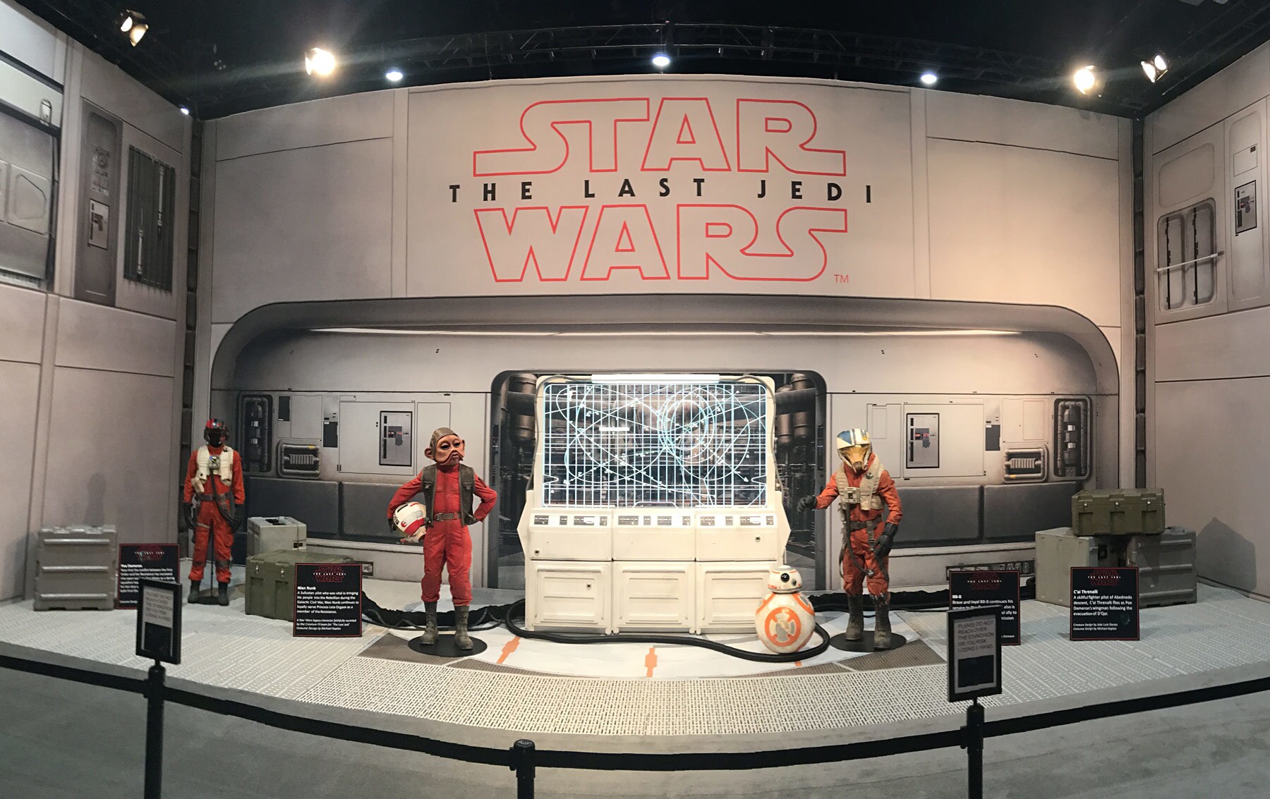 Props, costumes, and the characters BB-8 and Nien Nunb, from Star Wars: The Last Jedi, are put on display at San Diego Comic-Con.