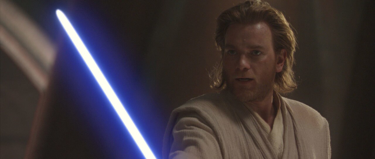 Obi-Wan wields a lightsaber in Star Wars: Attack of the Clones.