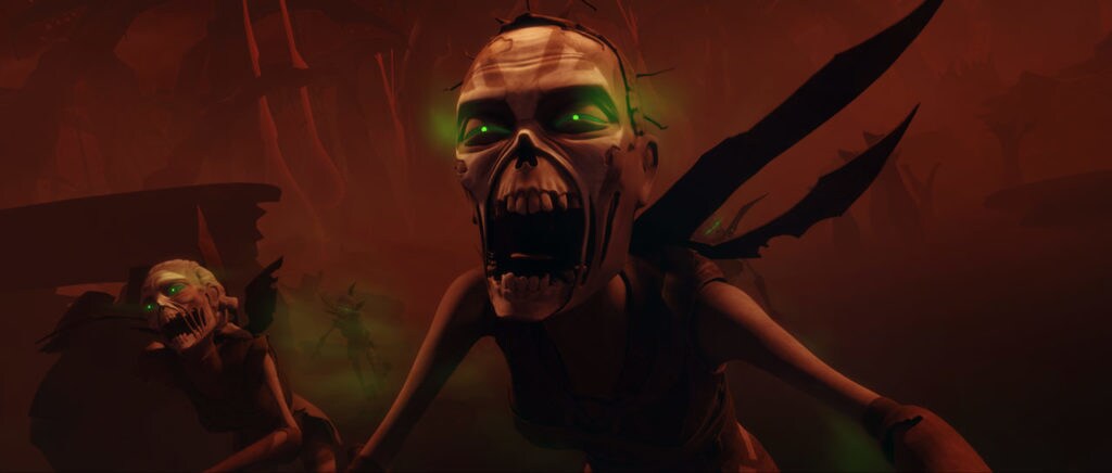The Nightsisters eyes glow green as they scream in Star Wars: The Clone Wars.