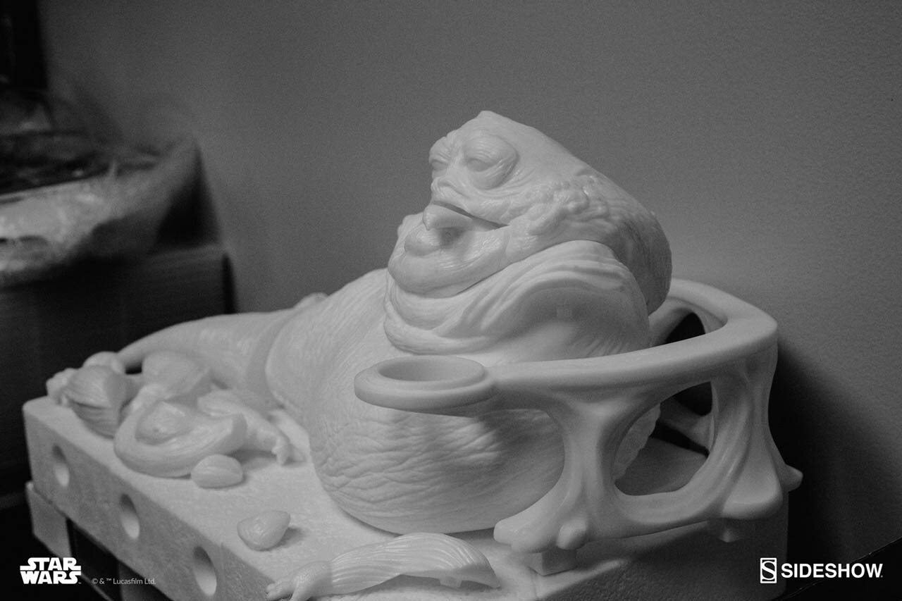 An unfinished Jabba the Hutt and Throne Deluxe Sixth Scale Figure without paint and final details.