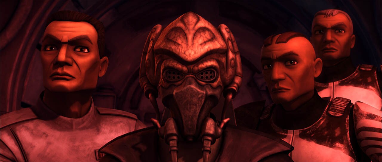 Plo Koon, Clone Commander Wolffe, and clone troopers Boost and Sinker in The Clone Wars.