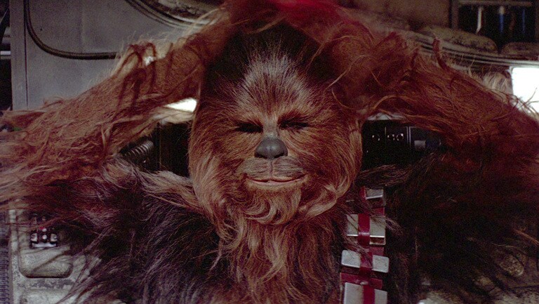 Chewbacca places his hands top of his head in A New Hope.