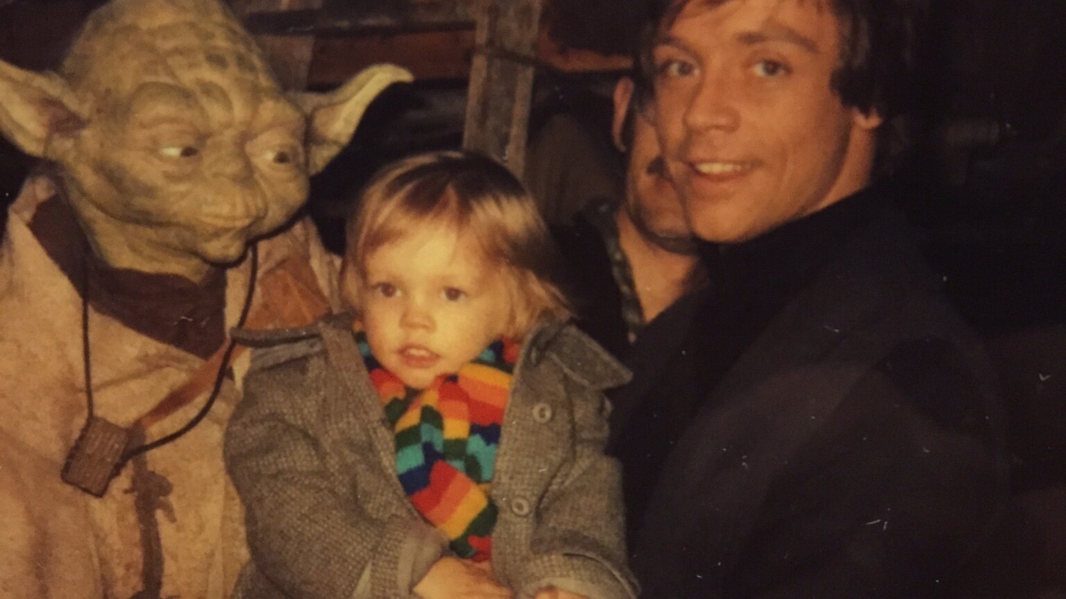 Your father he is: a curious Yoda, Nathan Hamill, Frank Oz, and Mark Hamill.