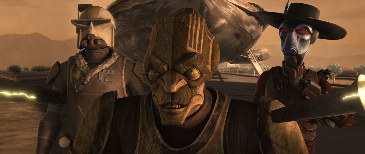 Moralo Eval is flanked by Cad Bane and another bounty hunter in The Clone Wars.