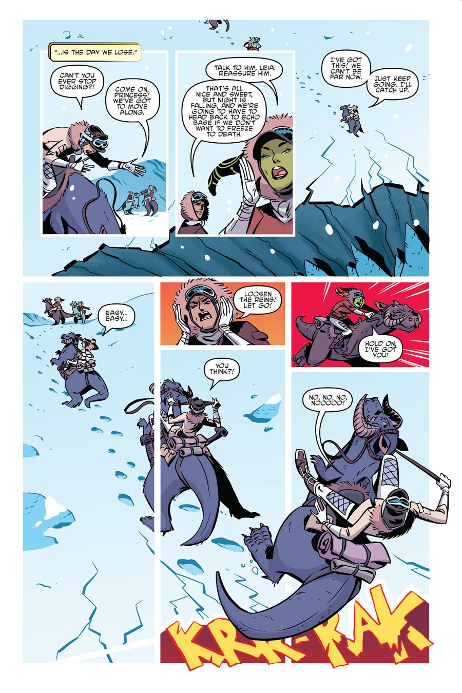 Princess Leia rides a Taunton on Hoth and bickers with Han Solo in a page from the comic book Star Wars Forces of Destiny: Leia.