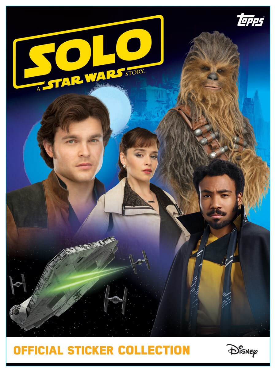 The cover of the Solo: A Star Wars Story sticker album features young Han, young Lando, Chewbacca, Qi'ra, and the Millennium Falcon being shot at by TIE fighters.