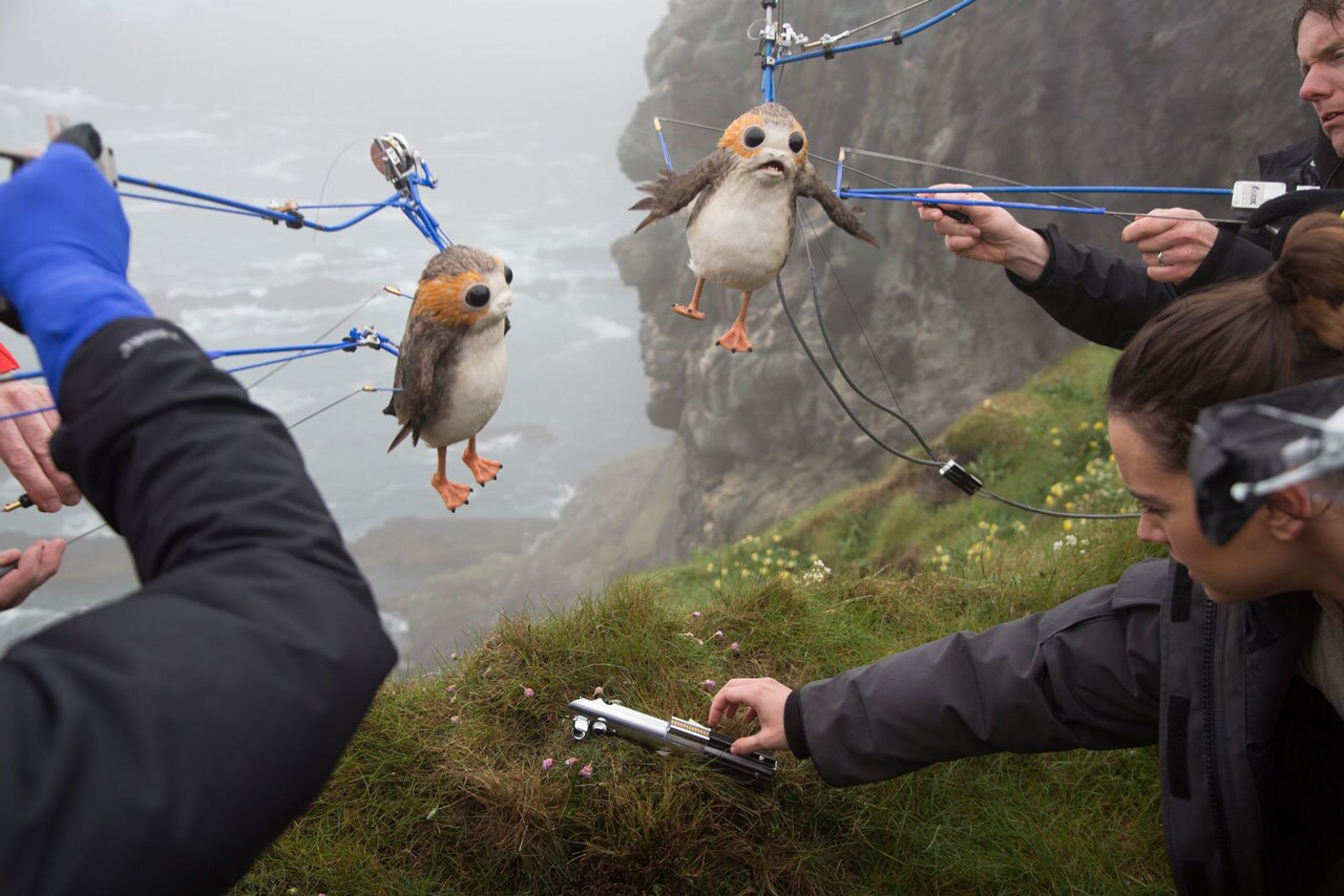 A special-effects team on the set of Star Wars: The Last Jedi works to animate Porgs, the sea-dwelling beakless birds.