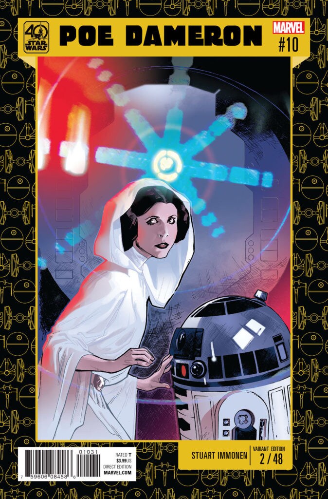 Princess Leia and R2-D2 on the cover of Poe Dameron #10 by artist Stuart Immonen.