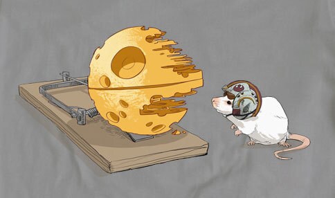 A mouse wearing a helmet stands before a cheese-shaped Death Star II on a mouse trap.
