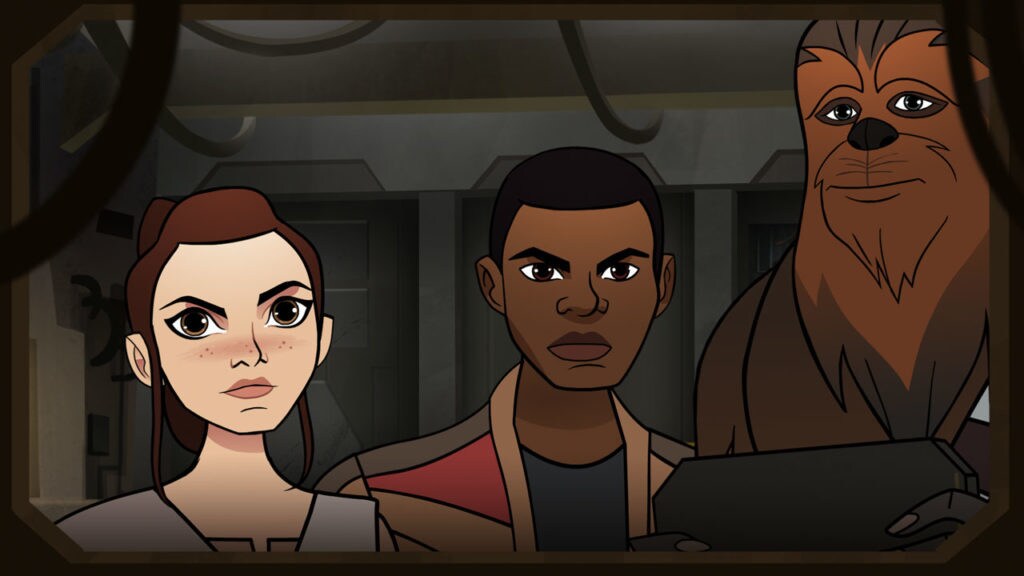 Rey, Finn, and Chewbacca stand together in Star Wars Forces of Destiny.