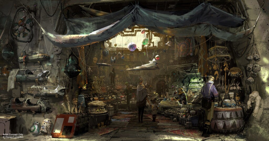Concept art of a merchant shop built for Disney's Star Wars: Galaxy's Edge.