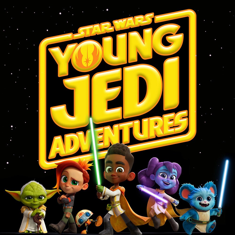 Animated characters from Star Wars: Young Jedi Adventures with the series logo.