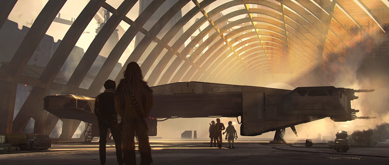 Concept art of the Millennium Falcon from Solo: A Star Wars Story.