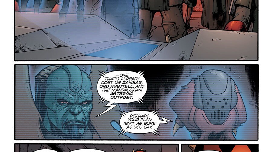 A scene from the "Son of Dathomir" comic depicting a holocall between Maul and prominent Galactic crime lords