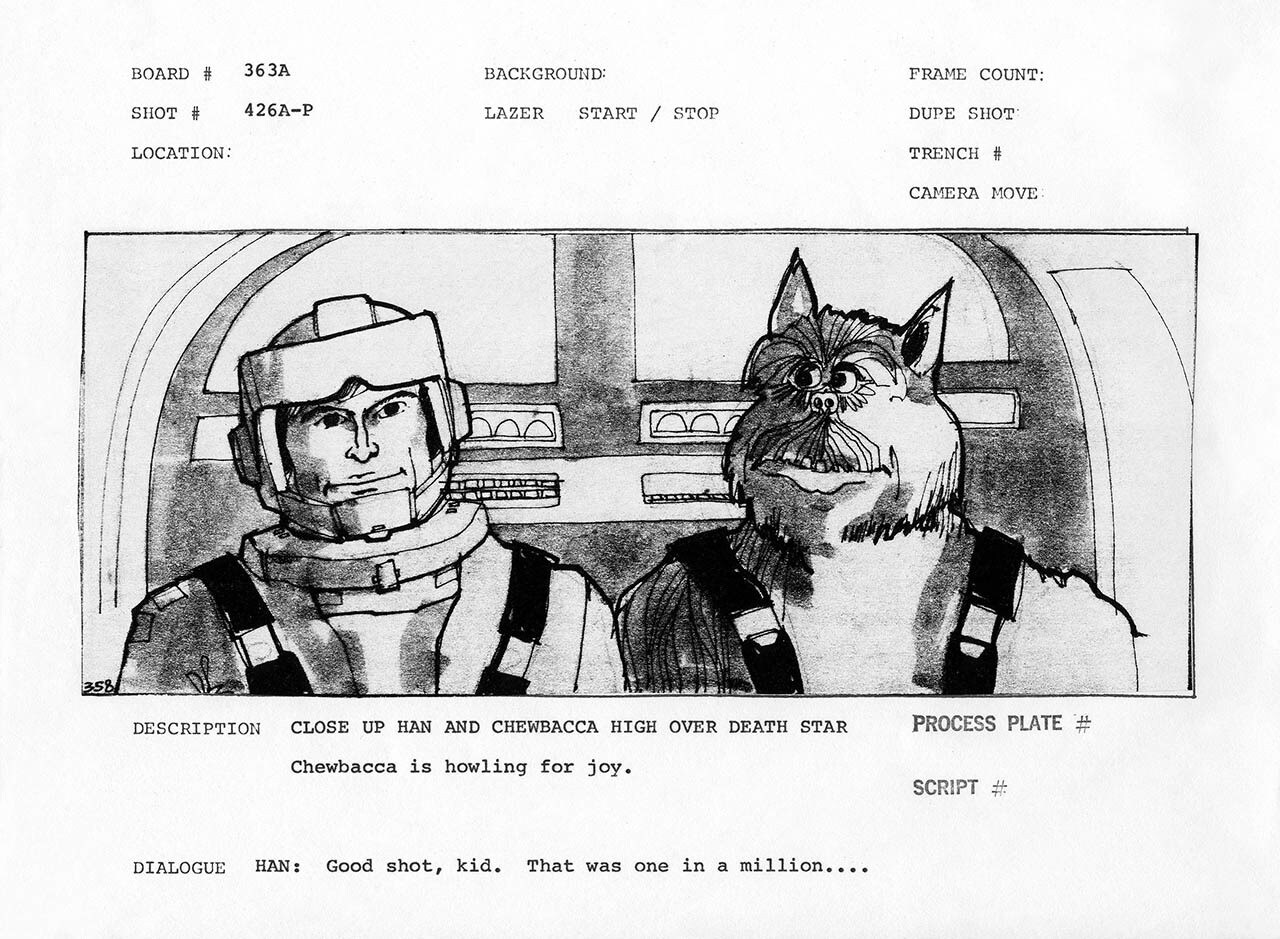 Early storyboard art of Han Solo and Chewbacca on a production script for A New Hope.