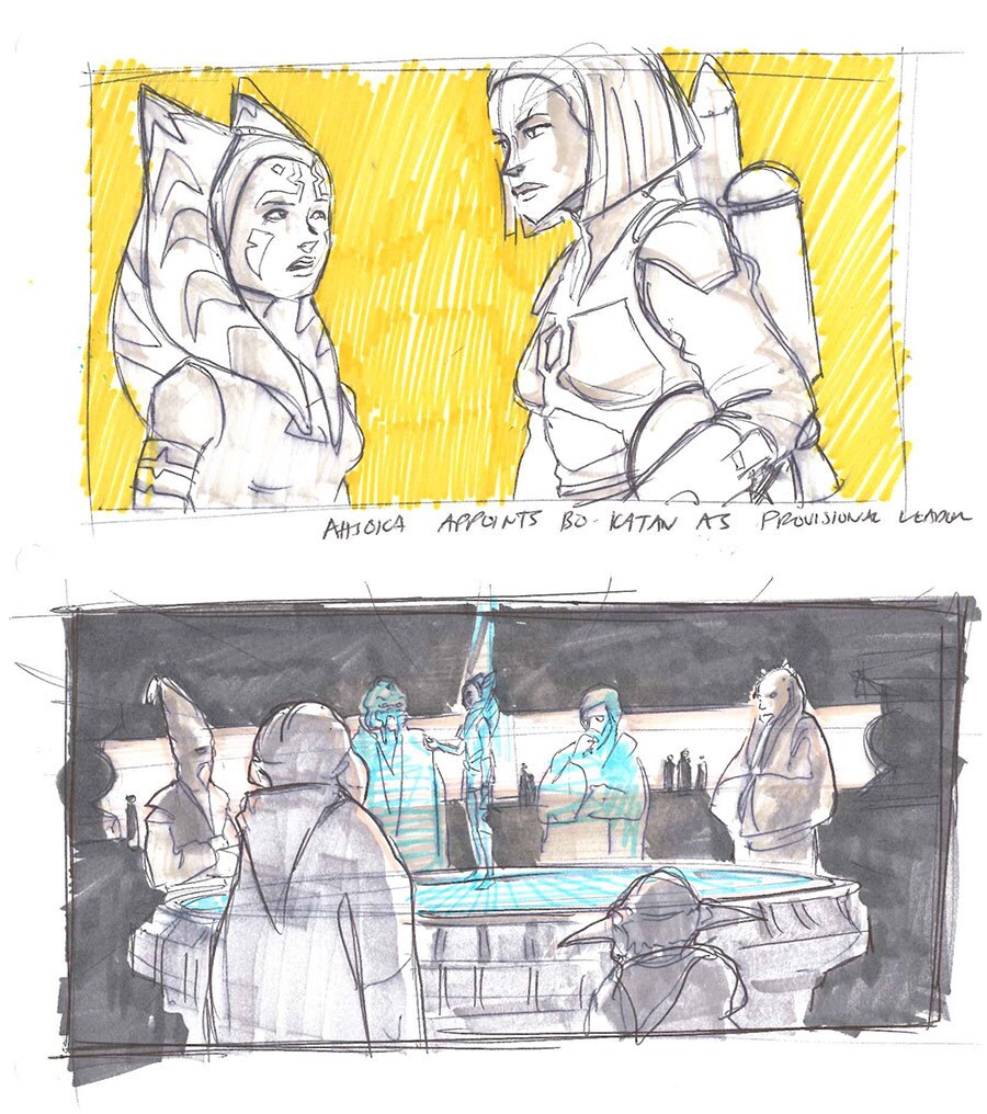 Concept sketches by Clone Wars showrunner Dave Filoni feature Ahsoka Tano, Bo-Katan Kryze, and the Jedi Council.