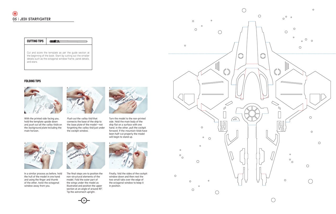 A page from Star Wars Kirigami, by Marc Hagan-Guirey, shows how to make a paper Jedi starfighter with a template.