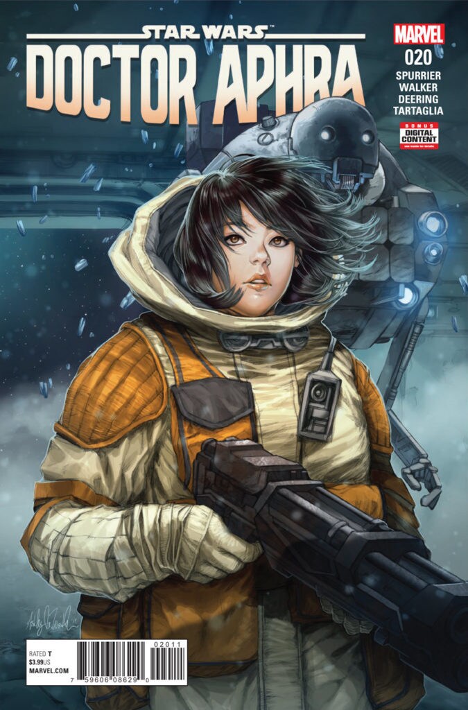 Aphra wears a cold-weather jacket on the cover of DoctorAphra #20.