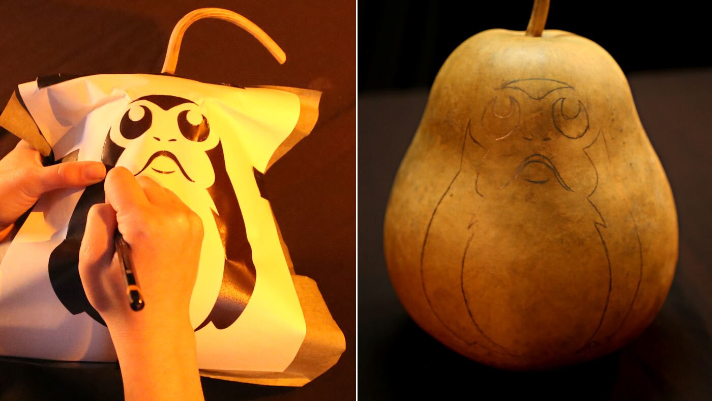 A split image depicting someone tracing a porg using a template and a gourd with a porg traced onto it.