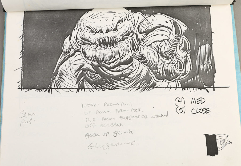 A drawing of the snarling rancor creature from the original storyboard notebook used during the production of Star Wars: Return of the Jedi.