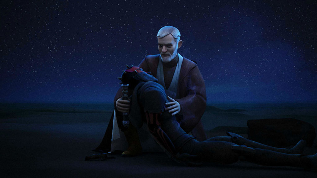 Obi-Wan kneels to hold Darth Maul after their final duel in Star Wars Rebels.