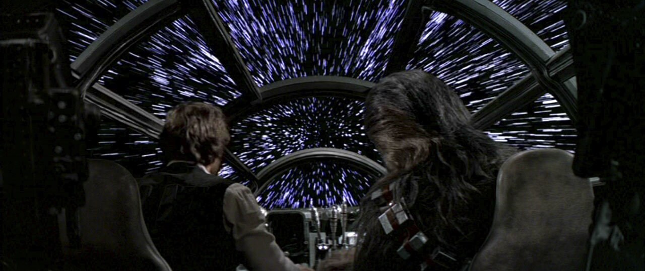 Han and Chewie in the cockpit of the Millennium Falcon