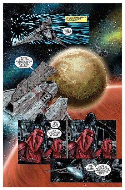 Darth Vader and Royal Guards fly near a planet in a panel from Star Wars: Darth Vader and the Ninth Assassin #3.