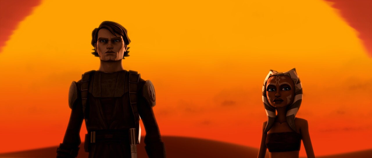 Anakin and Ahsoka stand together with an orange sky behind them in The Clone Wars.