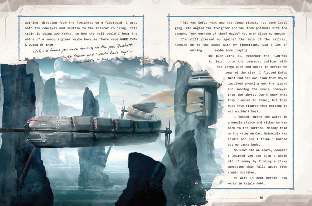 Pages from the book Star Wars: Smuggler's Guide show a conveyex moving along a track and a journal entry recounting a failed heist.