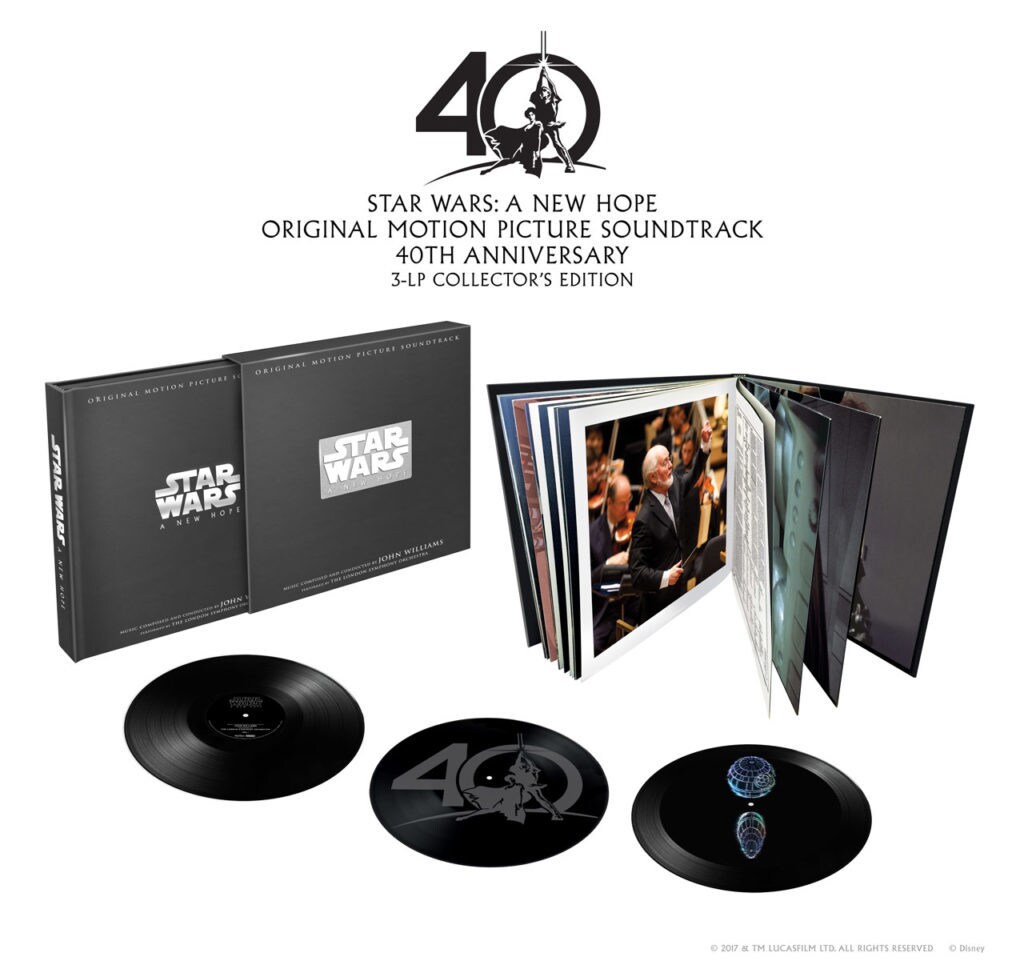 Star Wars: A New Hope Original Motion Picture Soundtrack 40th Anniversary Collector's Edition Vinyl Box Set shows three vinyl LP's, a 48-page hardcover book, and a 3D hologram experience with the Death Star on disc 3.