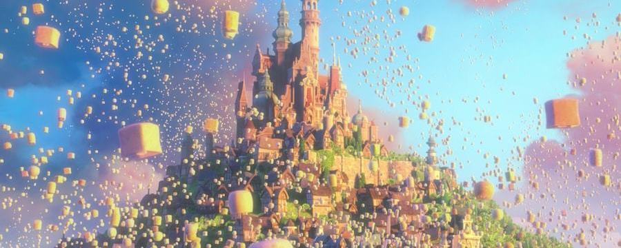The castle from Tangled with lanterns floating around it.