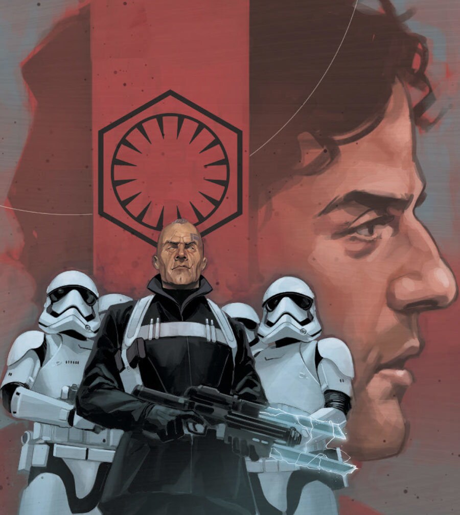 Terex wields a blaster rifle as he stands with First Order stormtroopers in front of a giant portrait of Poe Dameron with a red banner containing the First Order insignia running down the side of Poe's head in artwork from Marvel's comic book series Poe Dameron, by Charles Soule.