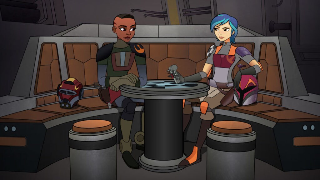 Ketsu Onyo and Sabine Wren sit at a table in Forces of Destiny.