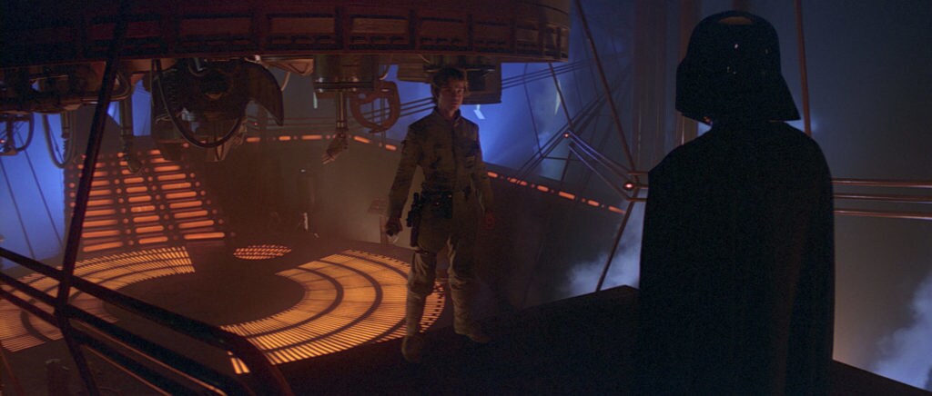 Luke and Darth Vader face each other on Cloud City in The Empire Strikes Back.