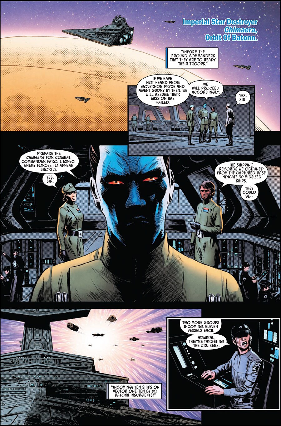 Panels from issue #6 of the Thrawn comic, featuring Thrawn and various officers on the Star Destroyer Chimaera.