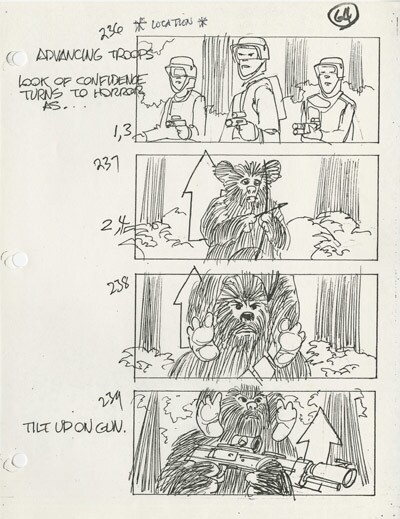Concept board by Johnston of an Ewok battle gag that didn’t make it to the final film.