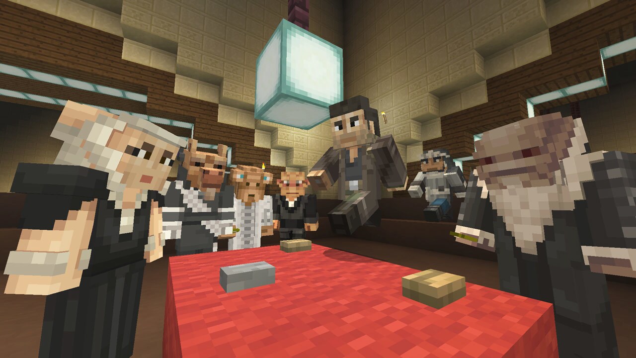Rebel leaders gather around a table as characters in Minecraft.