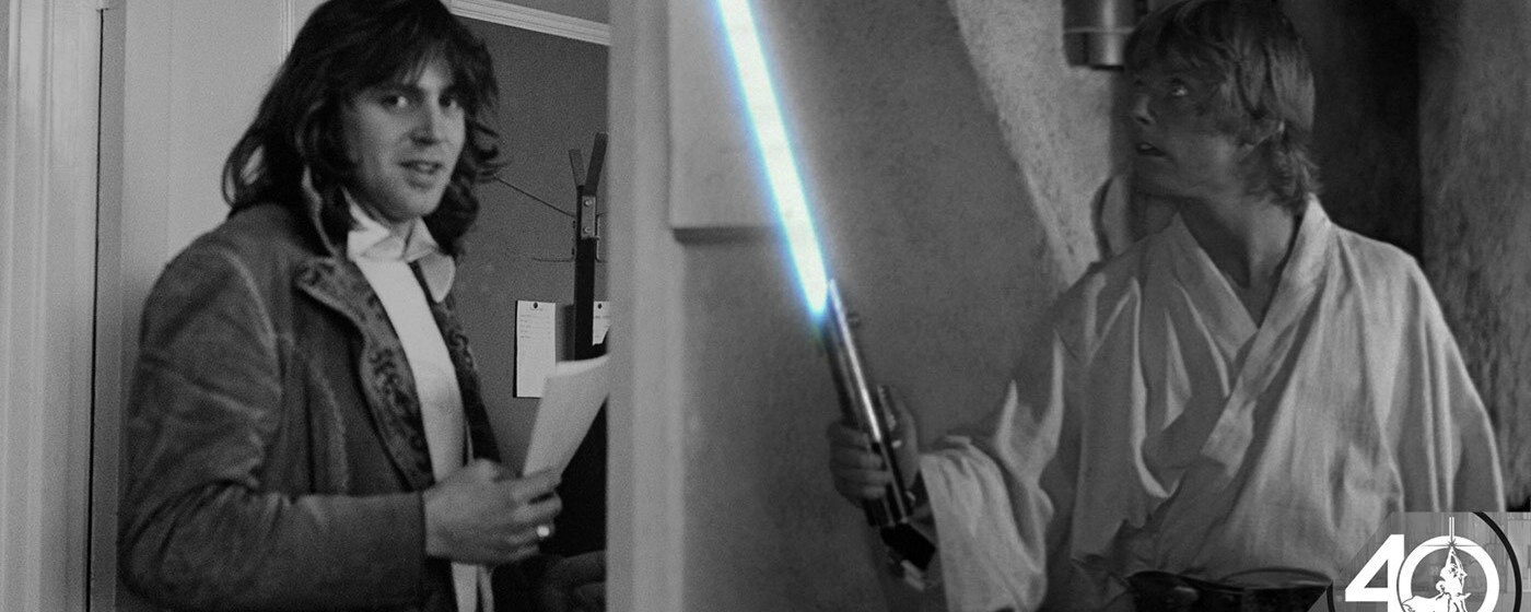 A split image shows Roger Christian, the artist who forged the lightsabers for A New Hope, on the left, and Luke Skywalker holding one of the lightsabers, on the right.